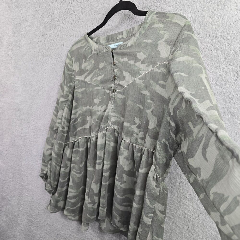 Maurices Smocked Sheer Top Camo L Henley Peplum Blouse Babydoll Western Green - Picture 3 of 8